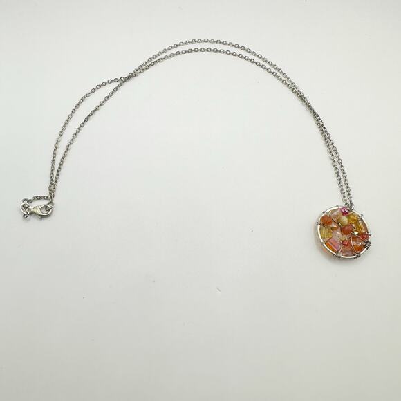 Sterling Silver 925 Wire Wrapped Round Orange Bead Pendant Beaded Chain Necklace - Picture 4 of 8